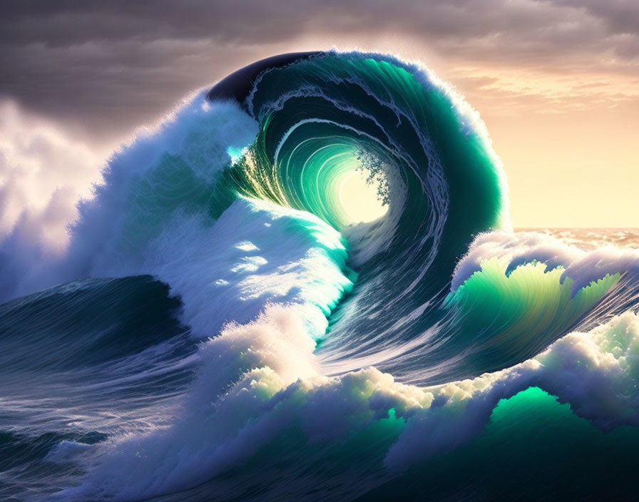 Vibrant green wave curling under dramatic sky