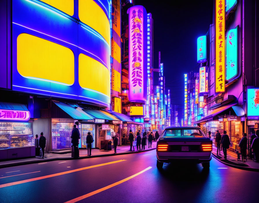 Colorful Neon-Lit Night Street Scene with Pedestrians and Car