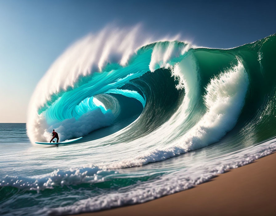 Surfer Riding Large Curling Ocean Wave in Clear Sky