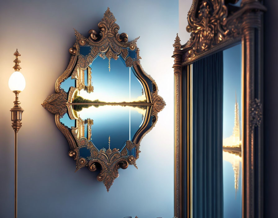 Ornate mirror reflecting serene landscape and another mirror in dimly lit room