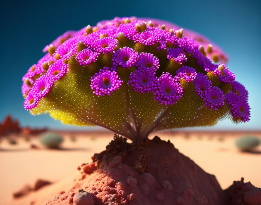 Surreal tree illustration with purple flower canopy in desert landscape