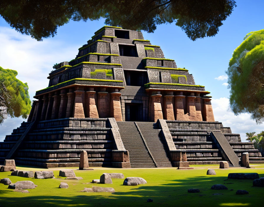 Stepped Mesoamerican Pyramid with Temple in Grassy Landscape