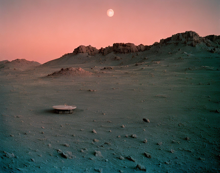 Rocky Martian Landscape at Dusk with Landed Spacecraft