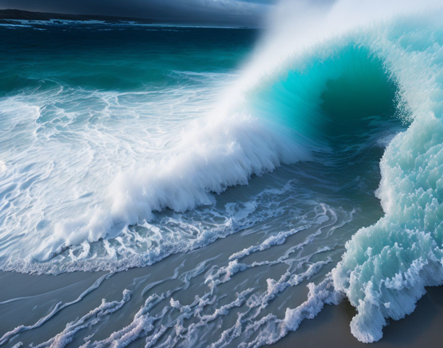 Turquoise Wave Crashing on Sandy Beach Under Moody Sky