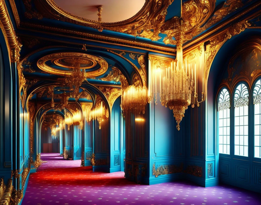 Luxurious Hallway with Deep Blue Walls, Gold Trim, Chandeliers, Arched Windows,