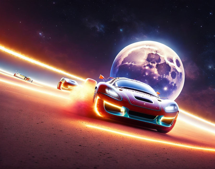 Futuristic car with rocket boosters racing on extraterrestrial track