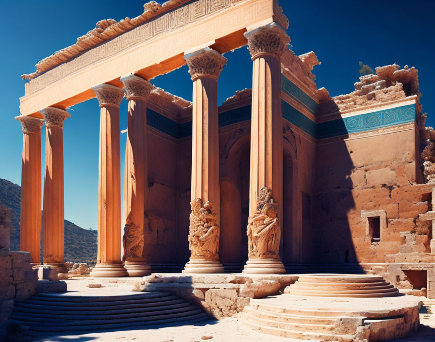 Ancient ruins featuring tall columns, intricate reliefs, and statues under clear blue sky