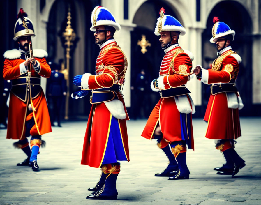 European courtyard march of ceremonial guards in blue jackets with gold trim