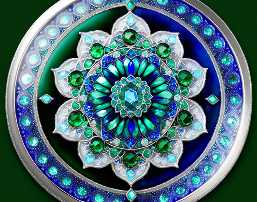 Mandala Design Brooch with Green and Blue Gemstones on Dark Background