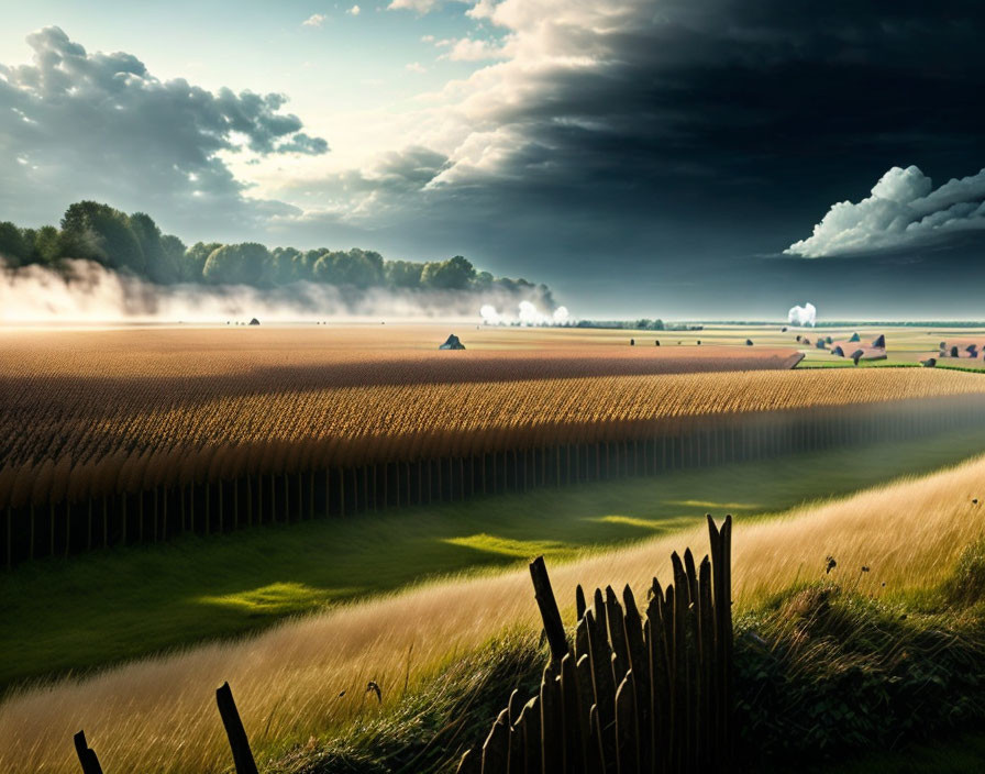 Golden wheat fields, dramatic sky, trees on horizon, wooden fence - serene landscape.