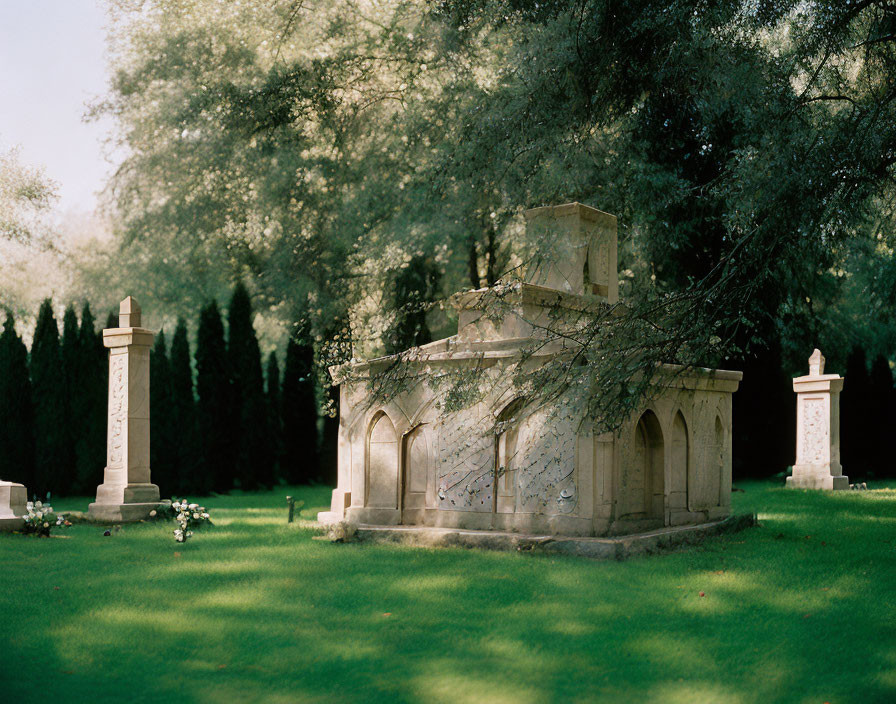 Ornate tombs and lush greenery in serene cemetery