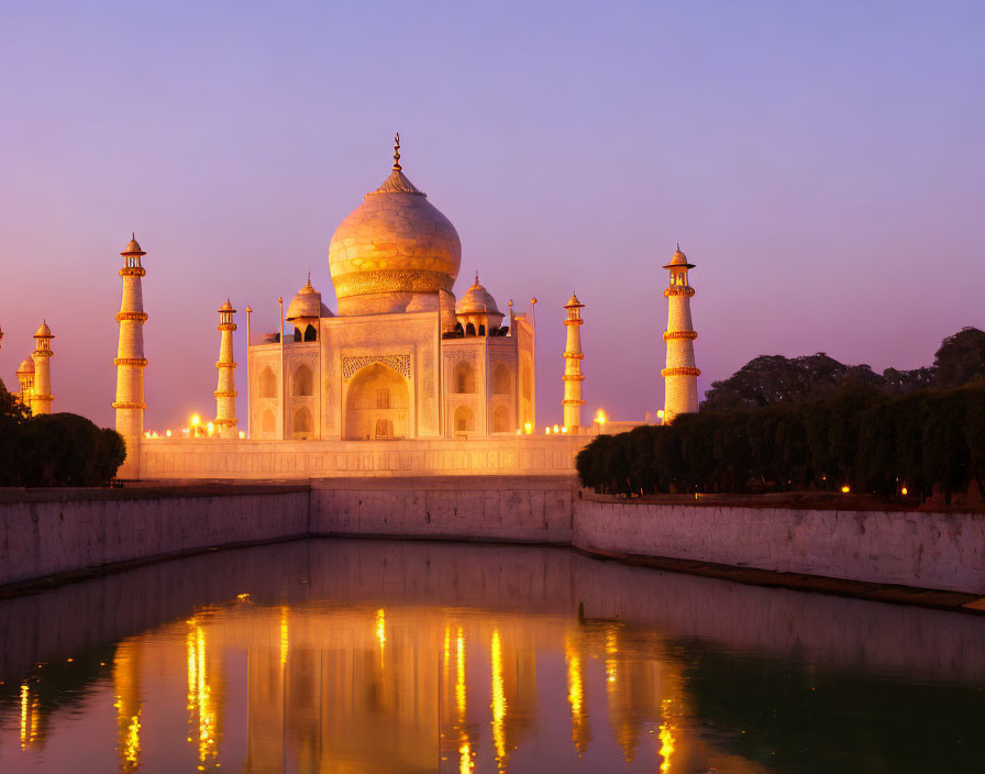 Iconic Taj Mahal Reflection in Water at Dusk