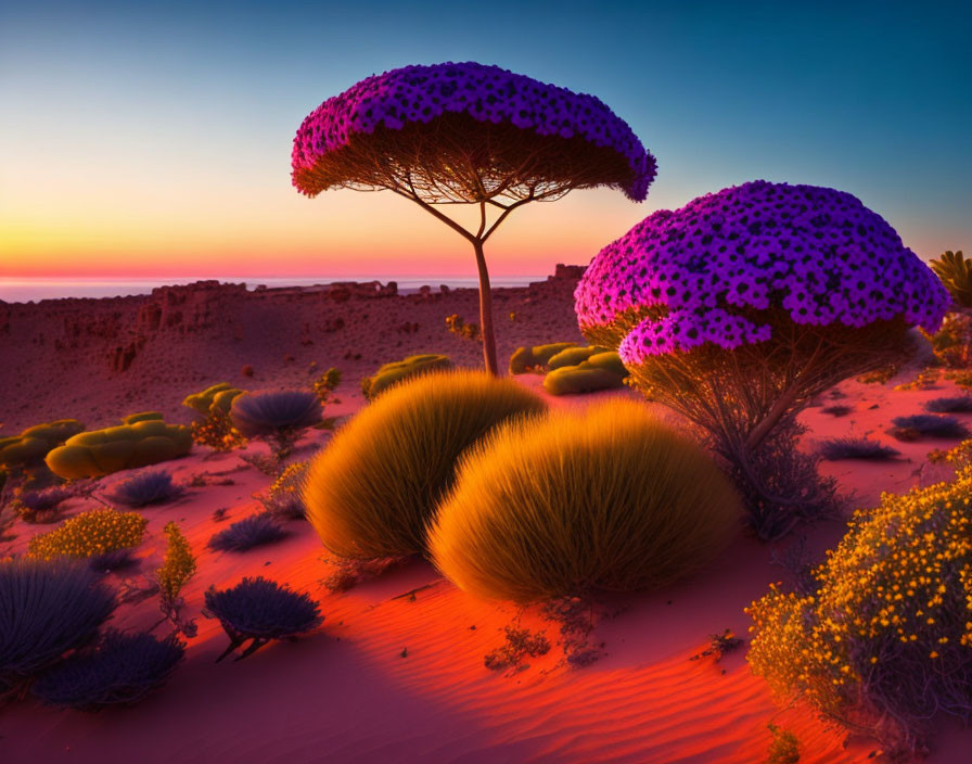 Vibrant sunset landscape: purple trees, golden shrubs, green flora on red sand dunes