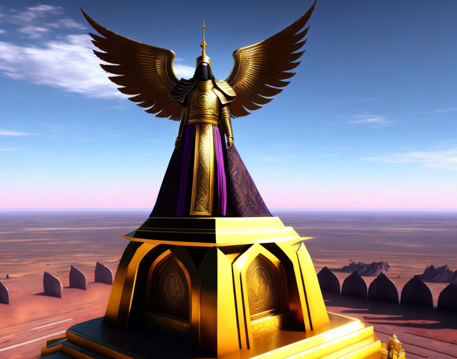 Golden monument with eagle in 3D desert landscape