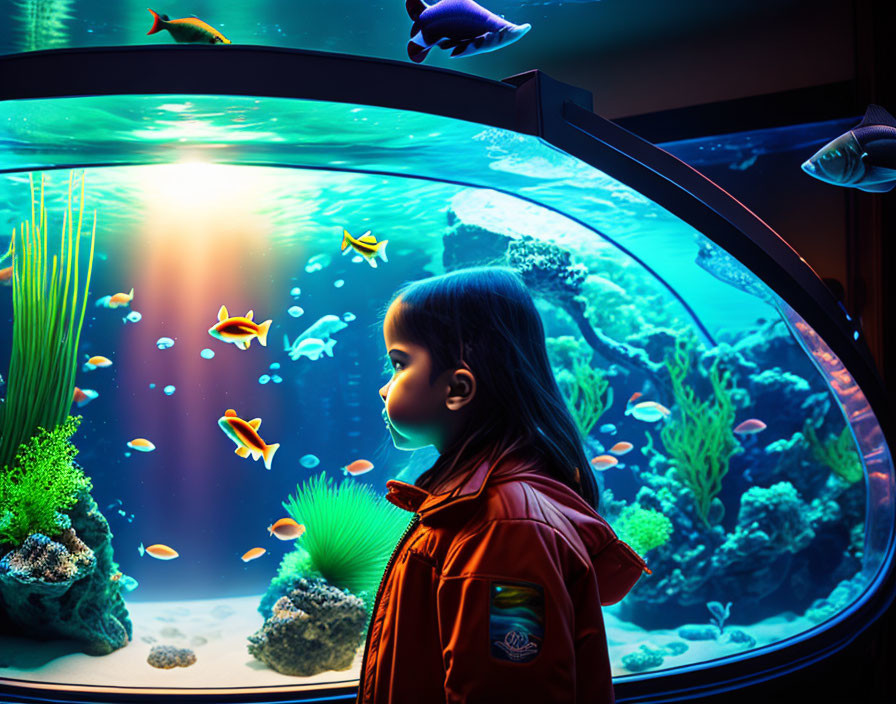 Child in Red Jacket Observing Colorful Fish in Aquarium