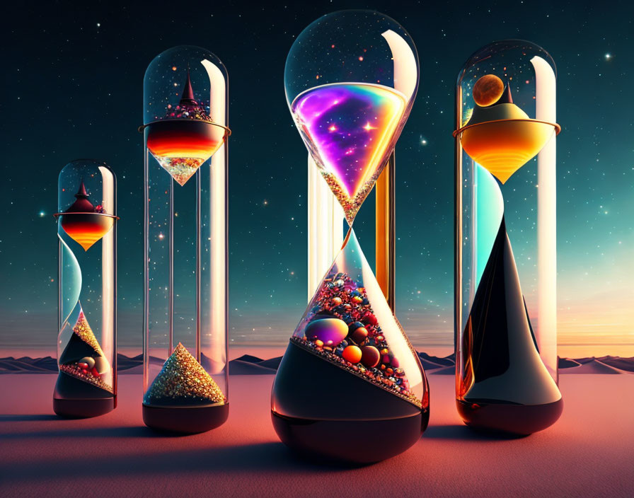 Stylized hourglasses with cosmic contents in desert twilight