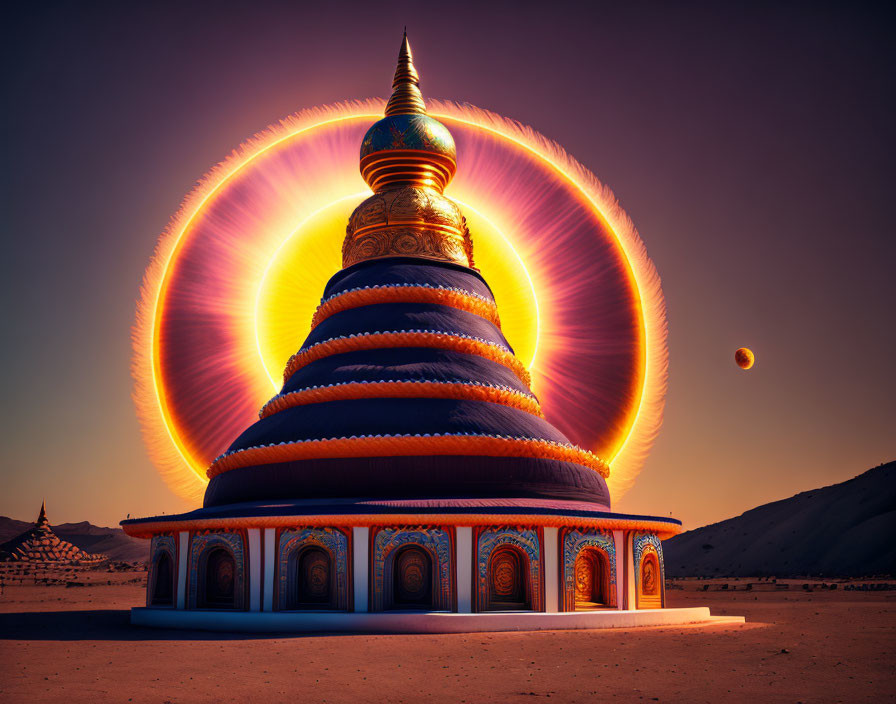 Buddhist stupa with circular light patterns at dusk in desert landscape