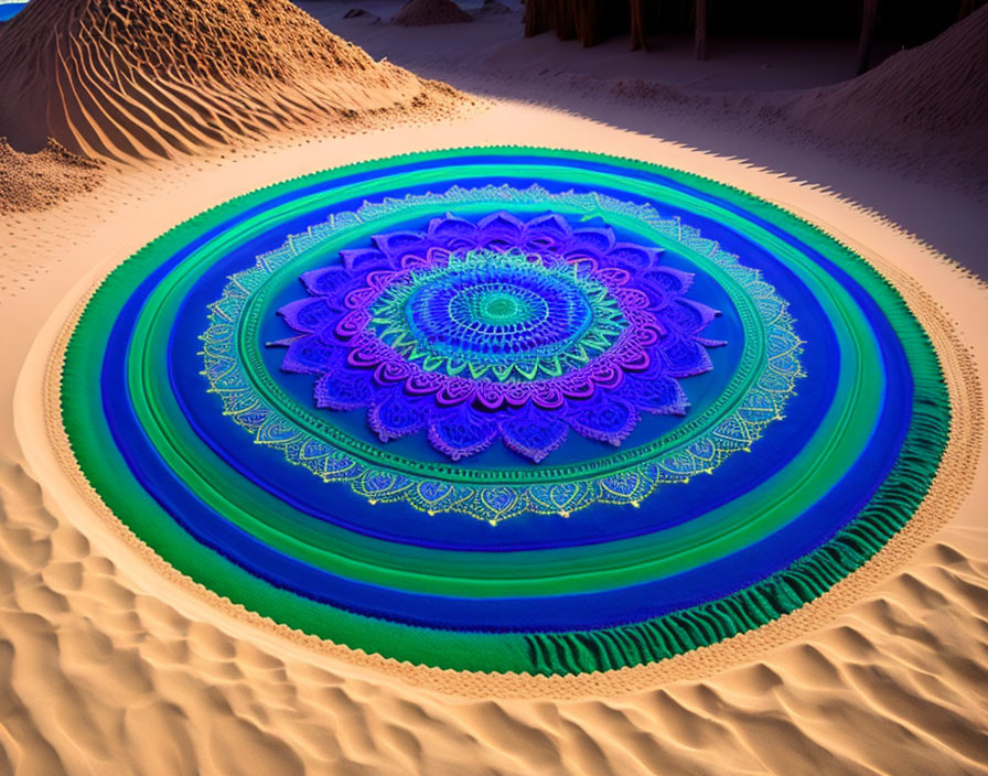 Colorful Mandala Pattern on Desert Sand Surface surrounded by Dunes