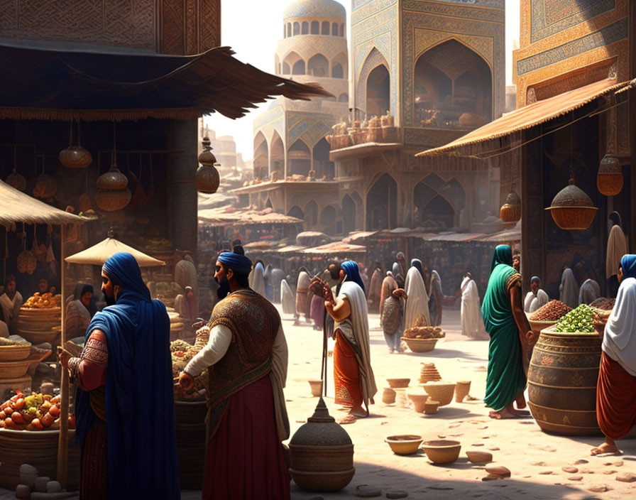 Vibrant ancient marketplace with pottery, fabric stalls, and traditional attire under sunlight