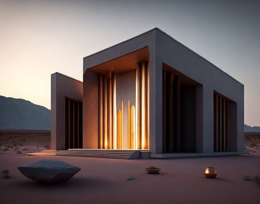 Modern desert building with illuminated pillars in dusk desert landscape