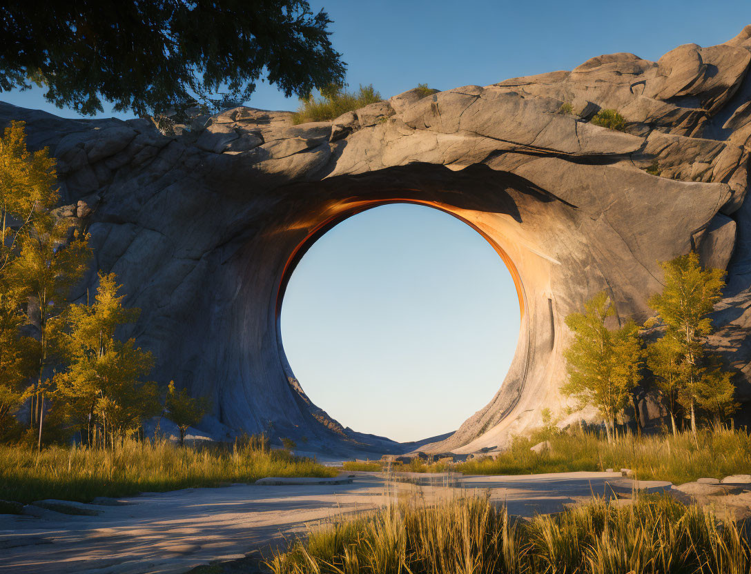 Tranquil landscape with natural stone arch in lush greenery