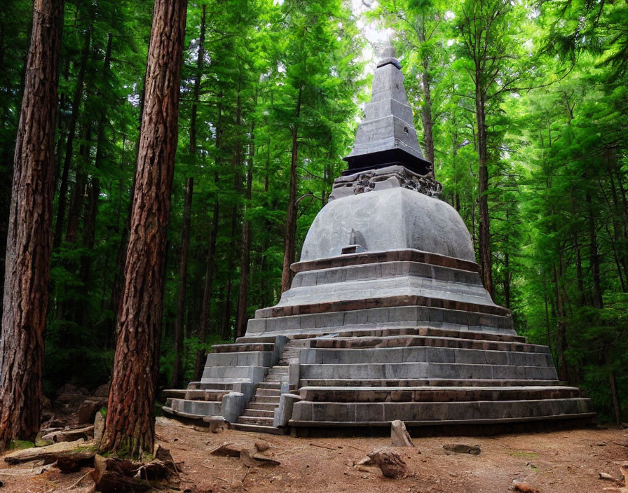 Stone Stupa in Forest Clearing with Steps