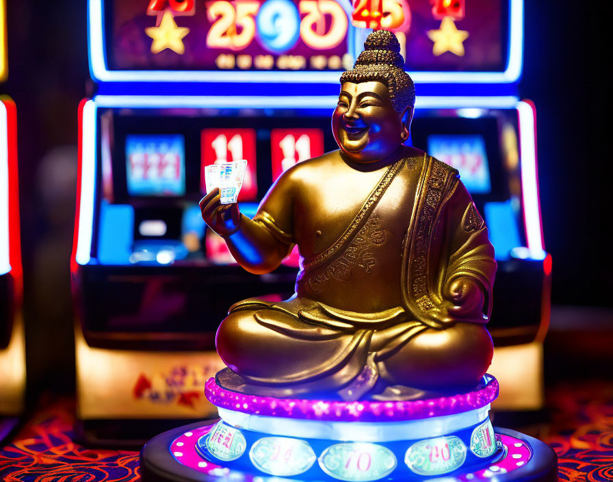 Golden Buddha Statue with Card Among Casino Slot Machines