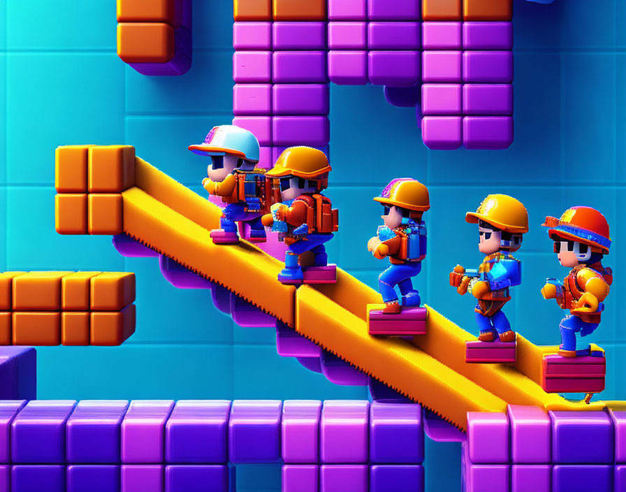 Animated construction workers on yellow beams with purple building blocks