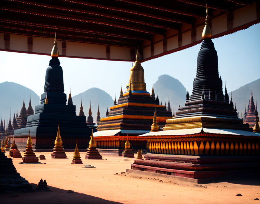 Traditional Pagodas in Golden and Dark Hues Amid Hazy Mountains