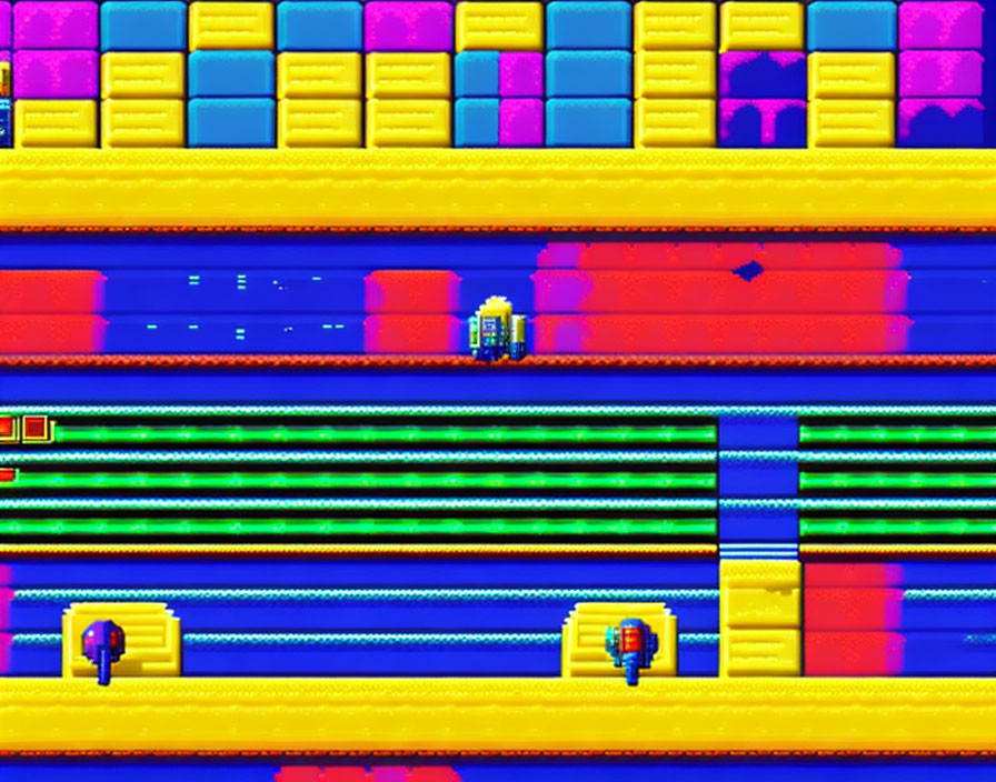 Vibrant retro pixel game level with rainbow platforms and small character.