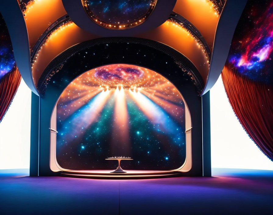 Futuristic interior stage with cosmic window view.