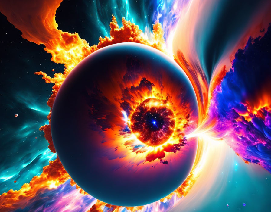 Colorful cosmic scene with fiery explosion and planet-like celestial body.