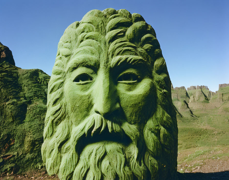 Green bearded man sculpture against grassy hills and blue sky