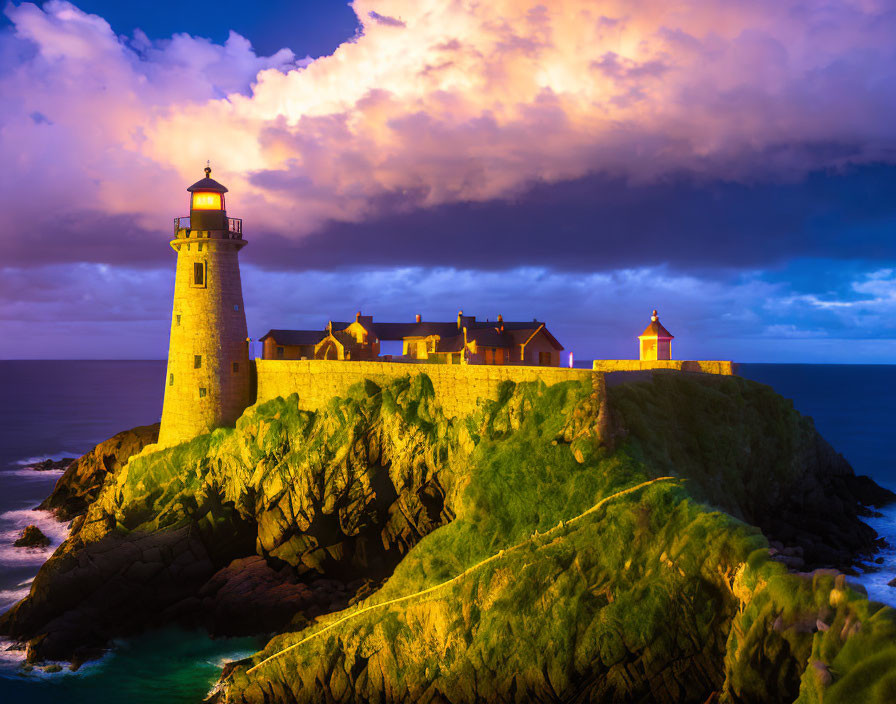 Majestic lighthouse on rocky cliff at dusk with dramatic clouds