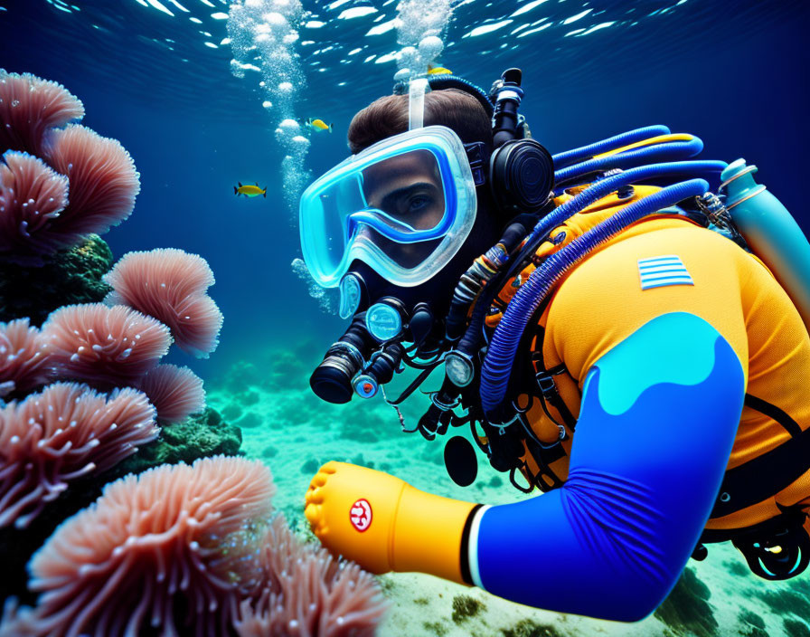 Diver in Blue and Yellow Wetsuit Explores Vibrant Coral Reef