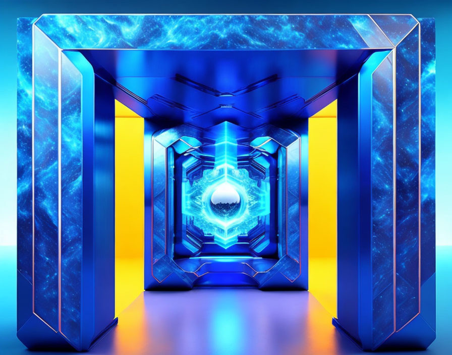 Blue and Orange Futuristic Corridor with Glowing Walls and Energy Core