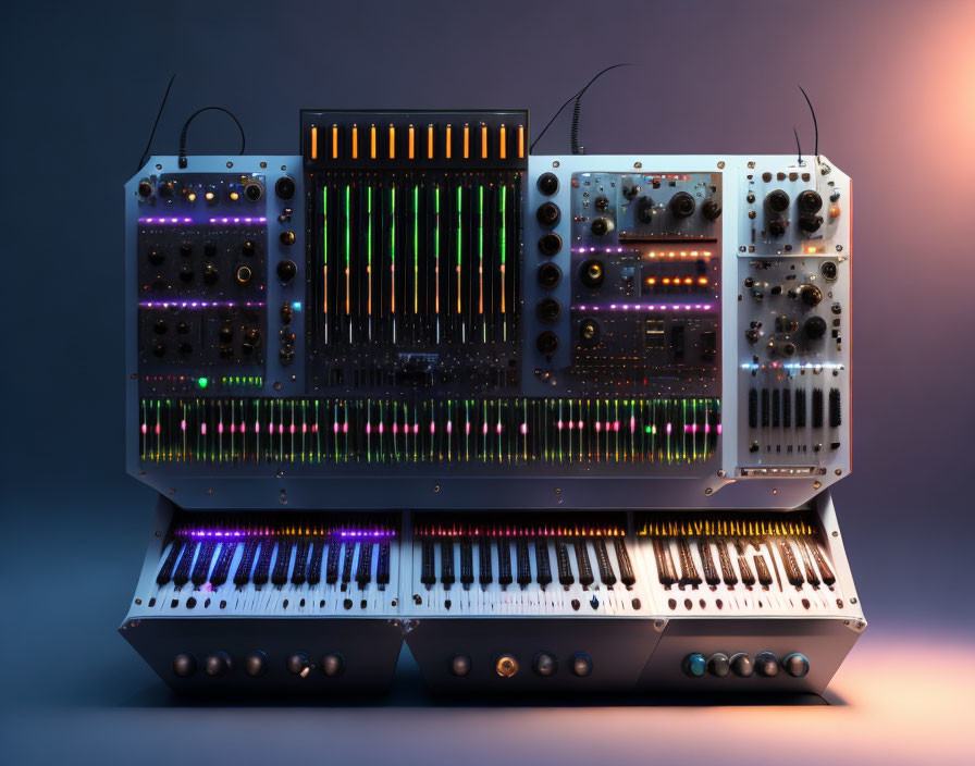 Modular Synthesizer Setup with Illuminated Knobs and Spectrum Visualizers