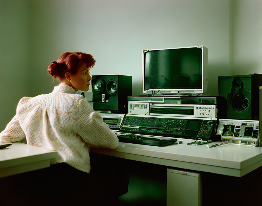 Vintage audio-visual equipment on desk with CRT monitor