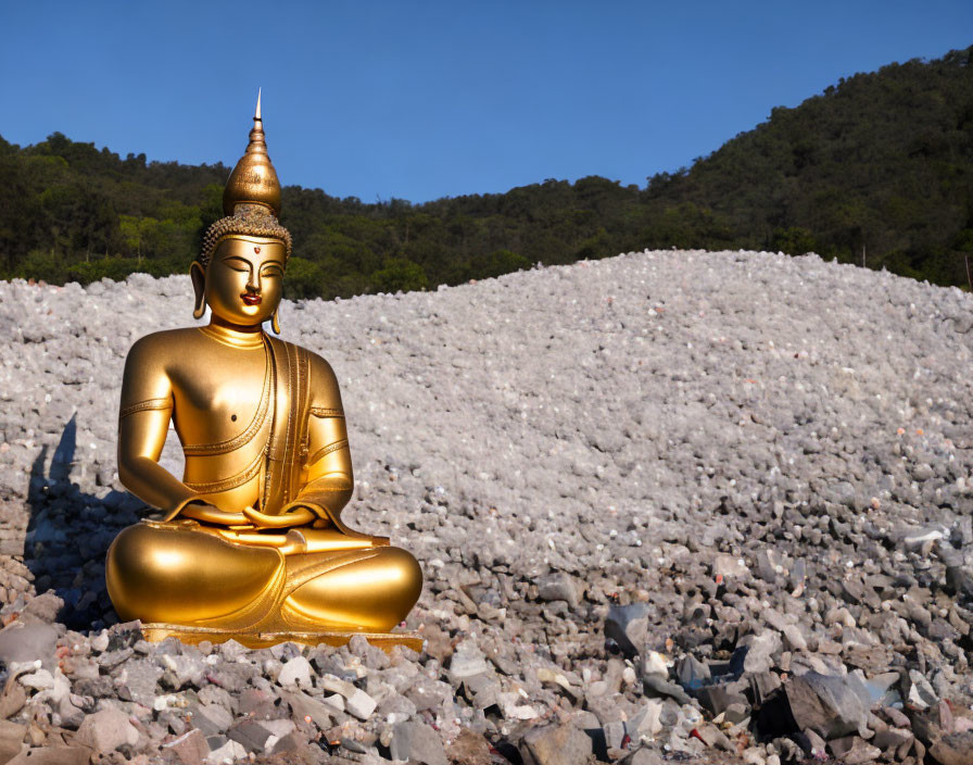 Golden Buddha Statue in Meditative Pose with Mountain Backdrop