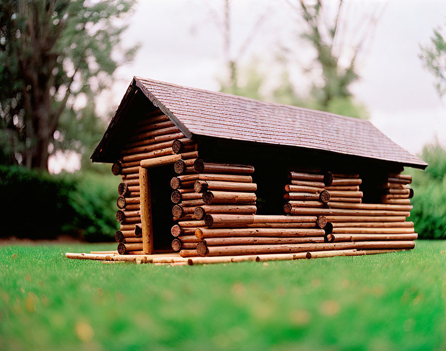 Miniature log cabin with shingled roof on green lawn amid trees.