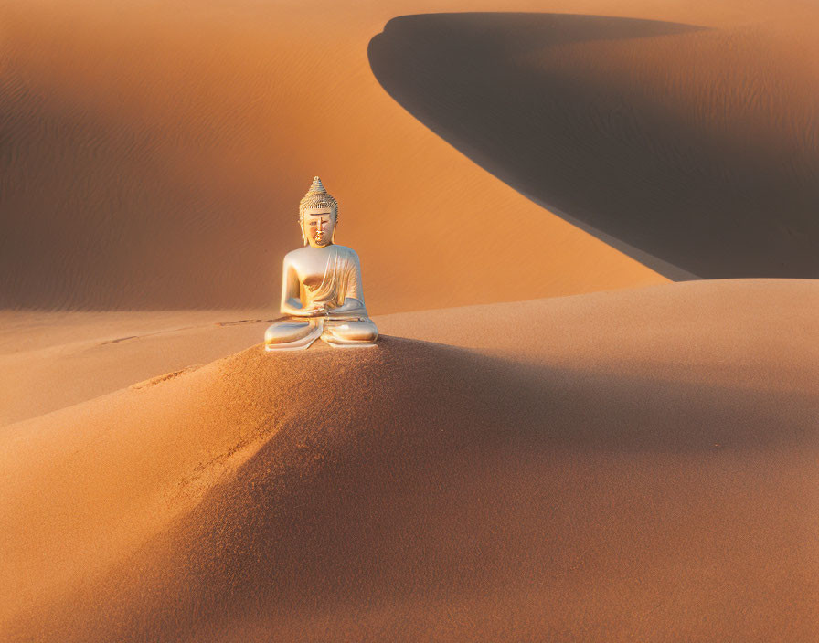 Golden Buddha Statue on Smooth Desert Dune with Sandy Hills and Warm Light