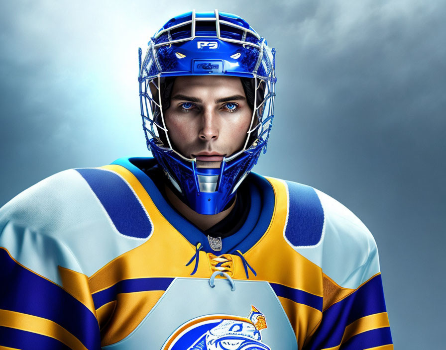 Colorful Ice Hockey Goalie in Determined Expression on Blue Gradient Background