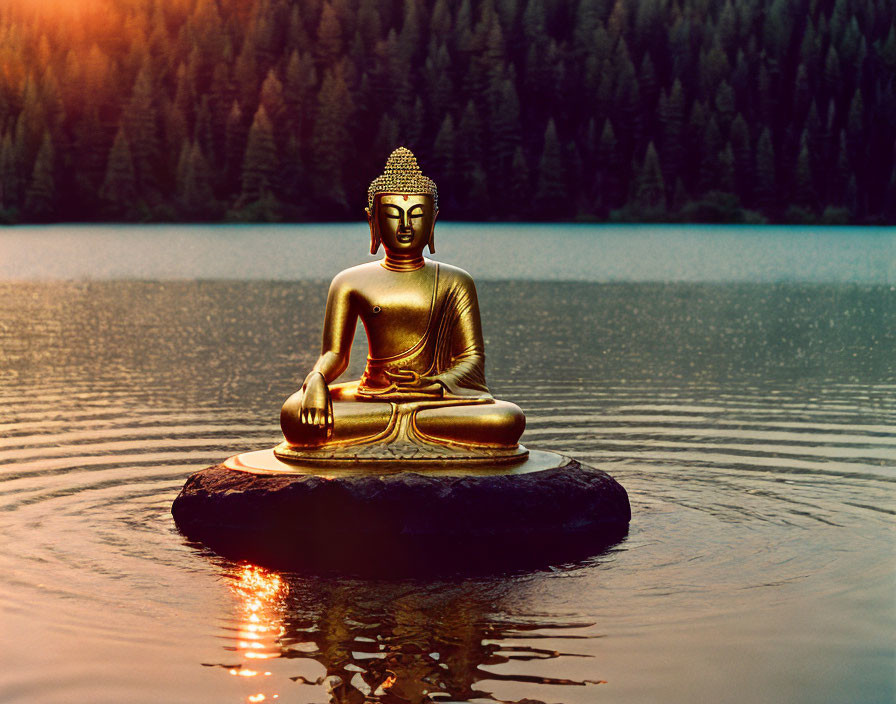 Golden Buddha Statue Meditating by Serene Lake at Sunset