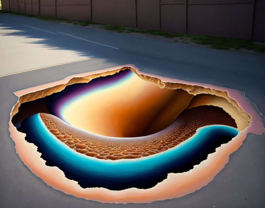 Surreal street scene with gaping mouth-like hole