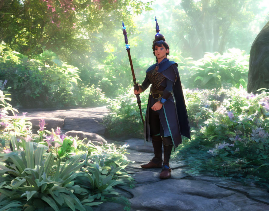 Animated character with staff in lush forest setting