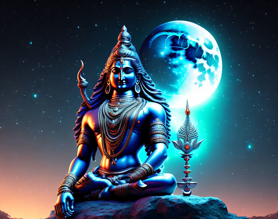 Lord Shiva meditating with trident under starry sky