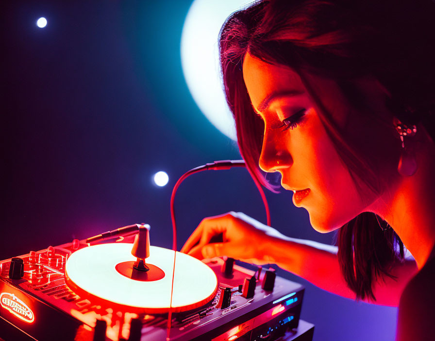 DJ focuses on turntable under vibrant red and blue lighting