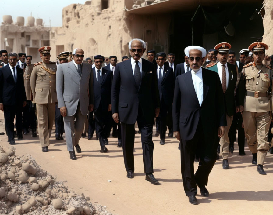 Men in suits and military uniforms walking in traditional architecture setting.