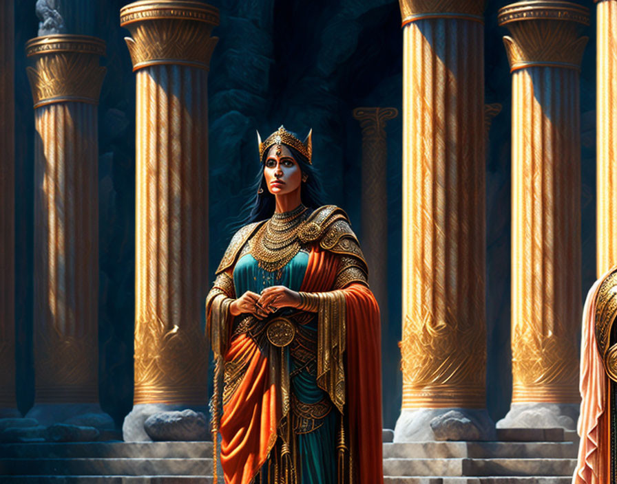 Regal woman adorned in golden headdress and jewelry among tall pillars