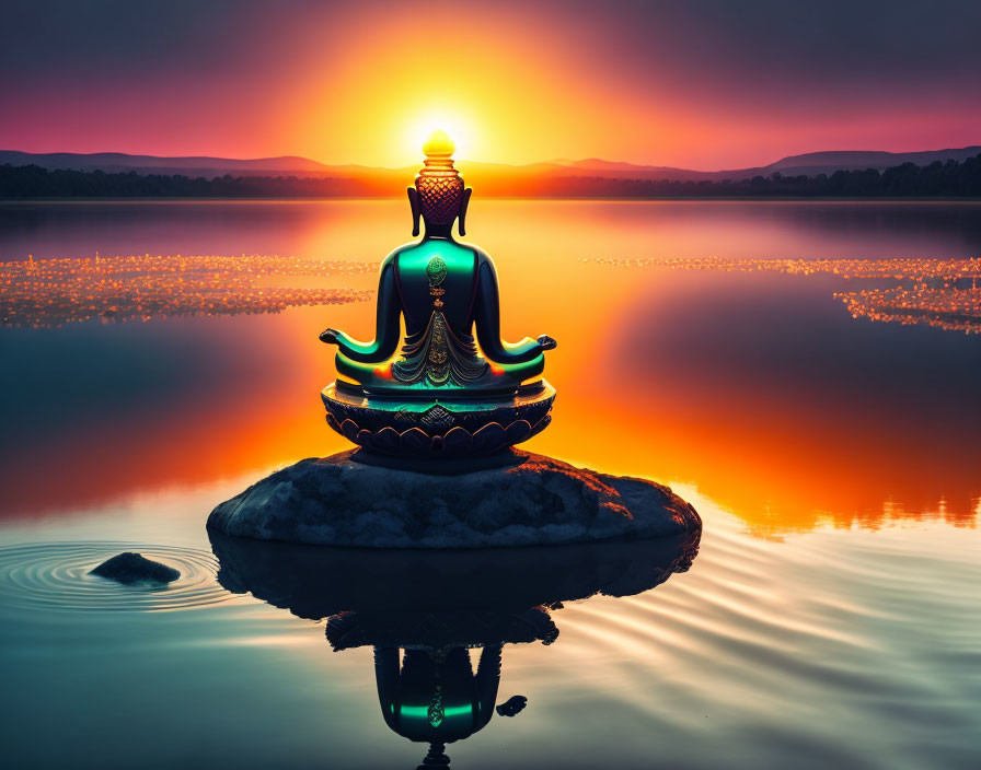 Buddha statue meditating on rock in calm lake at sunset